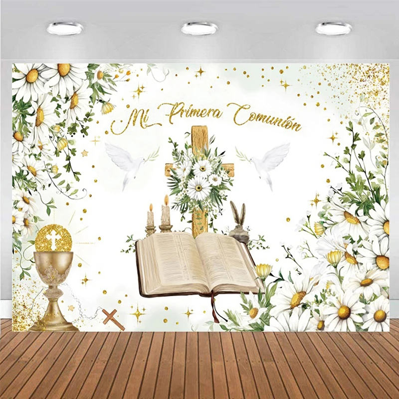 La Mia Prima Comunione Sfondo Personalizzato Ragazzo Ragazza Battesimo Battesimo Decorazioni Banner Sacra Bibbia Margherita Sfondo Fotografia