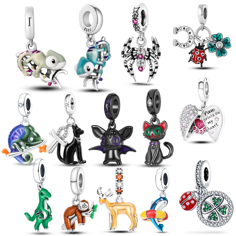Charms 925 Originales Plata De Ley Animal Kitty Dog Chameleon Charm Insect Beads Fit Pandora 925 Bracciale Portachiavi Gioielli