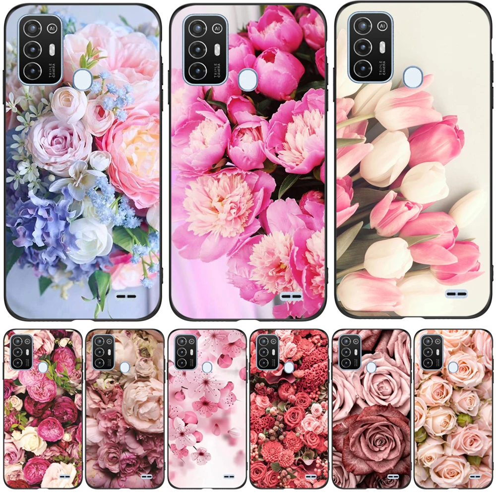 Custodia Per Zte Blade A52 4G Cover Posteriore Per Telefono Protettiva Morbida Silicone Nero Tpu Flower Rose Peony