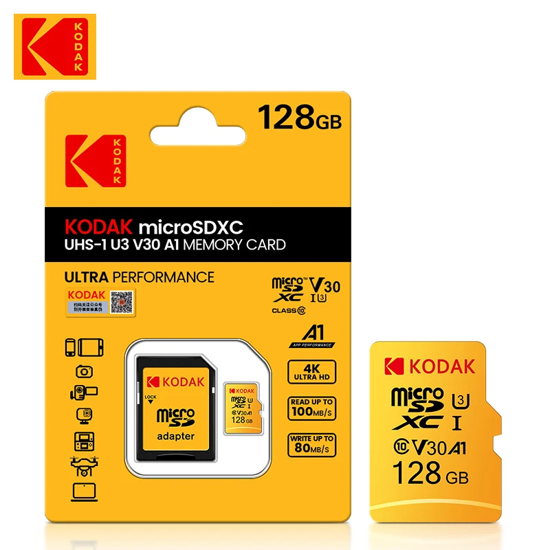 Kodak Micro Sd 128Gb 256Gb Microsd U3 A1 Scheda Di Memoria Flash 32Gb 64Gb Tf Card 4K Classe 10 Tarjeta Micro Sd Card U3 Uhs-I 16Gb