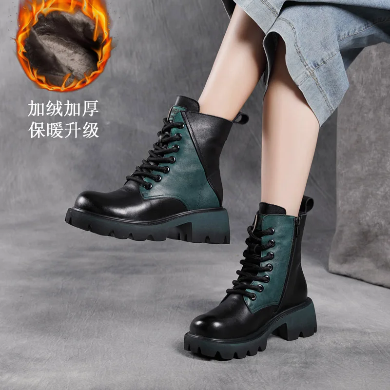 Vendita Calda Di Nuovo Arrivo Primo Strato Pelle Bovina E Velluto Termico In Pelle Di Cotone Testa Tonda Tacco Medio Colore Abbinato Dr. Martens