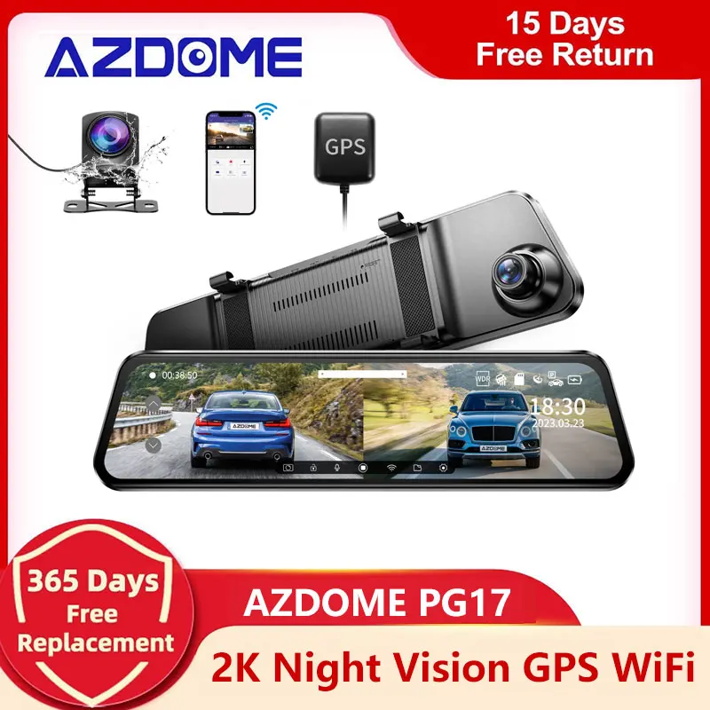 Azdome Pg17 2K Car Mirror Retrovisore Dash Cam Car Mirror Black Box 1080P Hd Mirror Car Dvr Con Wifi Gps Registrar Videoregistratore