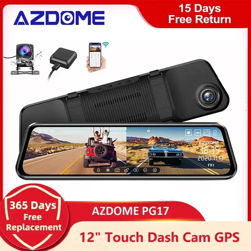 Azdome Pg17 Car Dvr Mirror 2K + 1080P Dual Cams 11.8 "Touch Screen Gps Retrovisore Dash Cam Stream Media Videoregistratore Visione Notturna