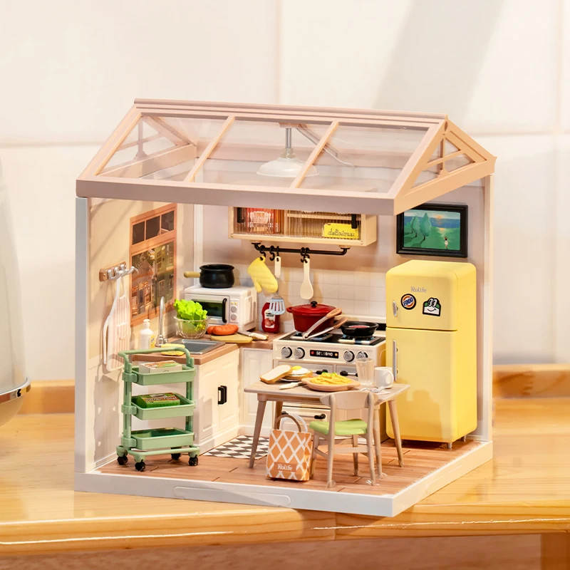 Robotime Rolife 3D Puzzle Super Store Happy Pasti Cucina Plastica Fai Da Te Kit Casa In Miniatura Miniatura Dollhouse Playset Con Led