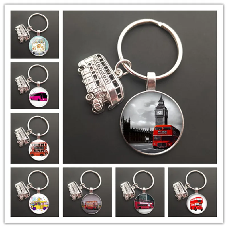 Happy Kids School Bus Portachiavi Moda British London Double Decker Bus Portachiavi Portachiavi Peace Hippie Car Gifts