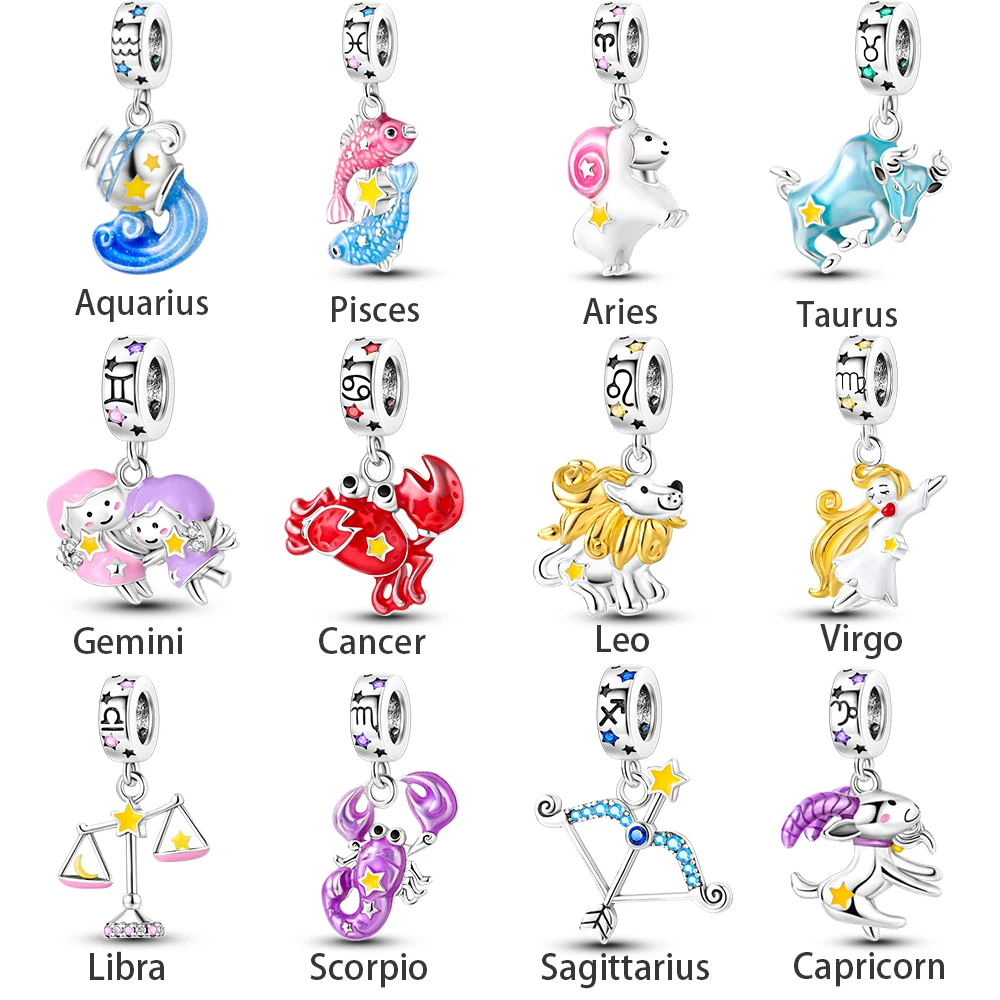 12 Costellazioni Serie 925 Sterling Silver Taurus & Sagittario & Aquarius Ciondola Charm Fit Bracciale Pandora Fascino Originale