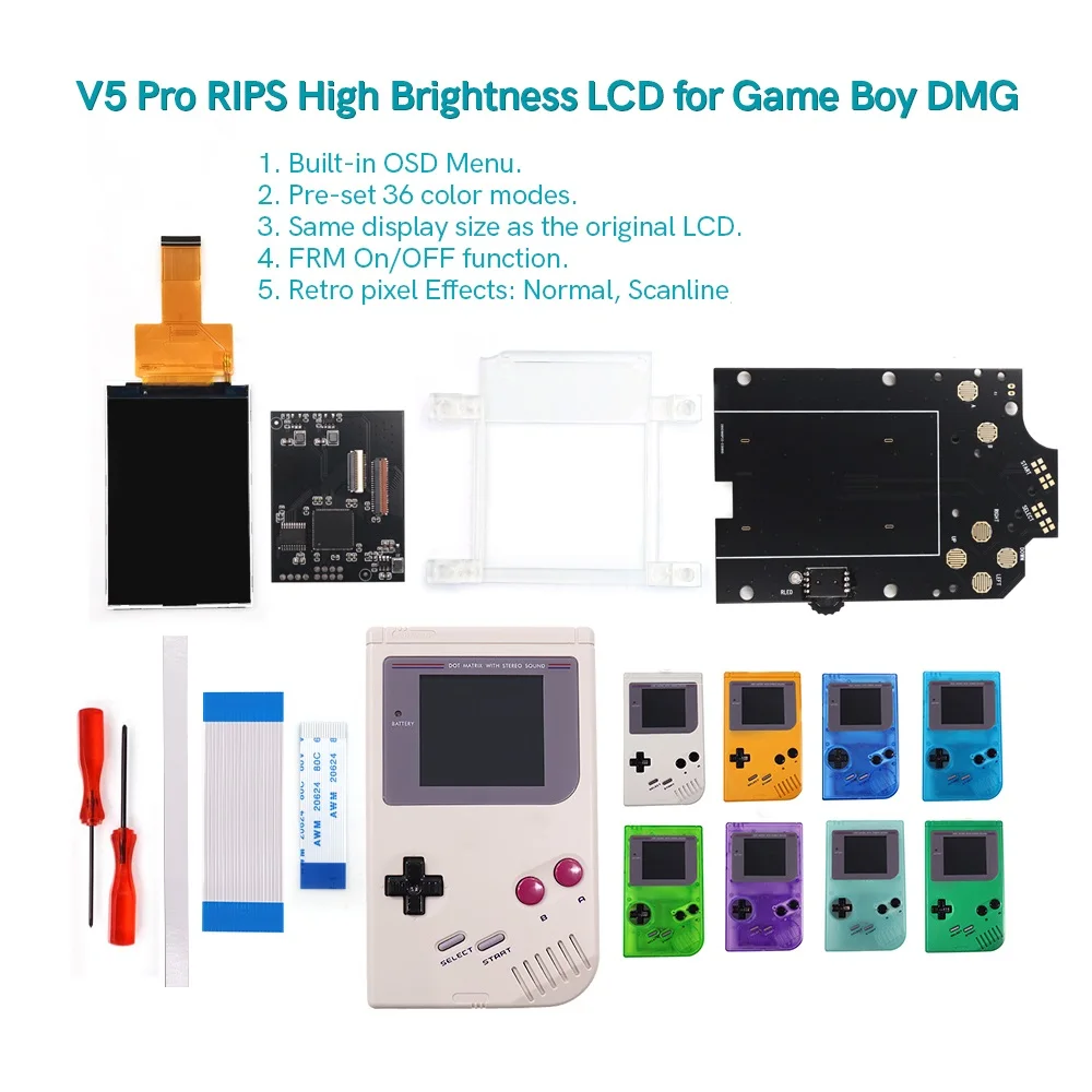 Gb Dmg V5 Pro 36 Modelli Colorati Menu Osd Full Size Rips Retroilluminazione Lcd Per Console Gameboy Dmg Gb Dmg E Custodia A Conchiglia Pretagliata