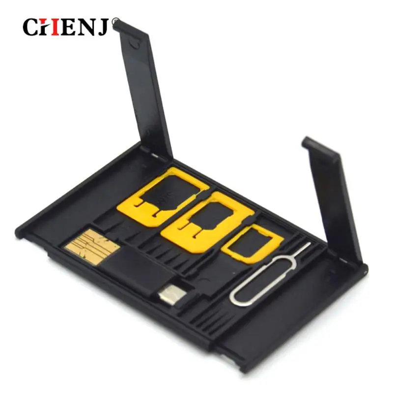 Nero 5 In 1 Universale Mini Sim Card Adapter Storage Case Kit Per Nano Micro Sim Card Memory Card Holder Reader Cover Connector