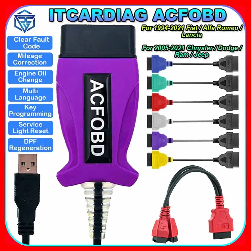Itcardiag Acfobd Obd Scanner Per Fiat/Alfa Romeo/Lancia/Chrysler/Dodge/Ram/Jeep Supporto Abs Airbag Chilometraggio Cluster Key Programmer