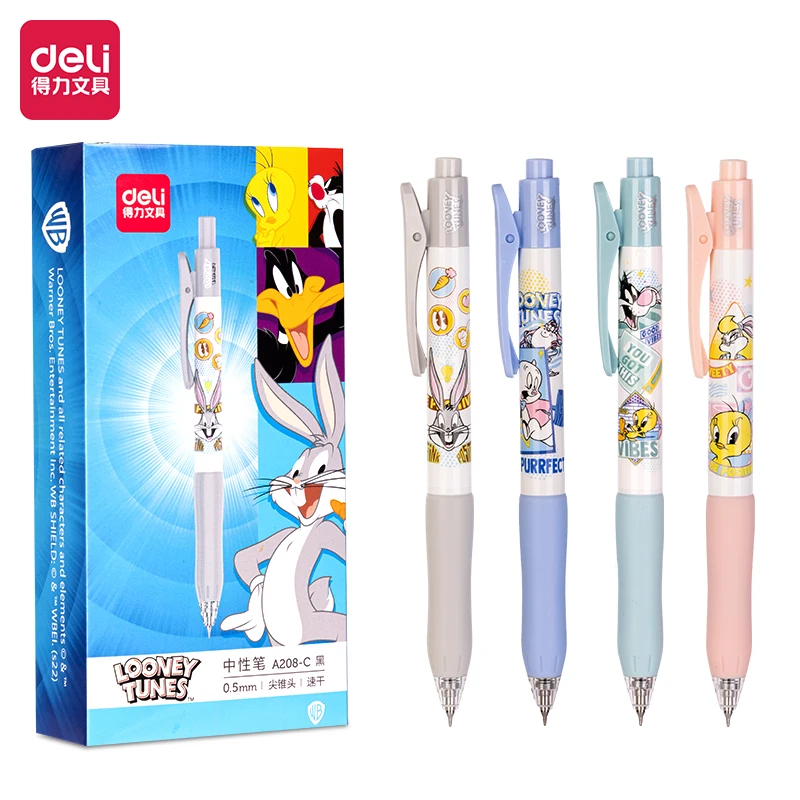 4Pcs Deli A208-C Looney Tunes Bugs Bunny Quick Dry Press Neutral Pen 0.5Mm Tapered Head Black Ink Supplies School Office Station