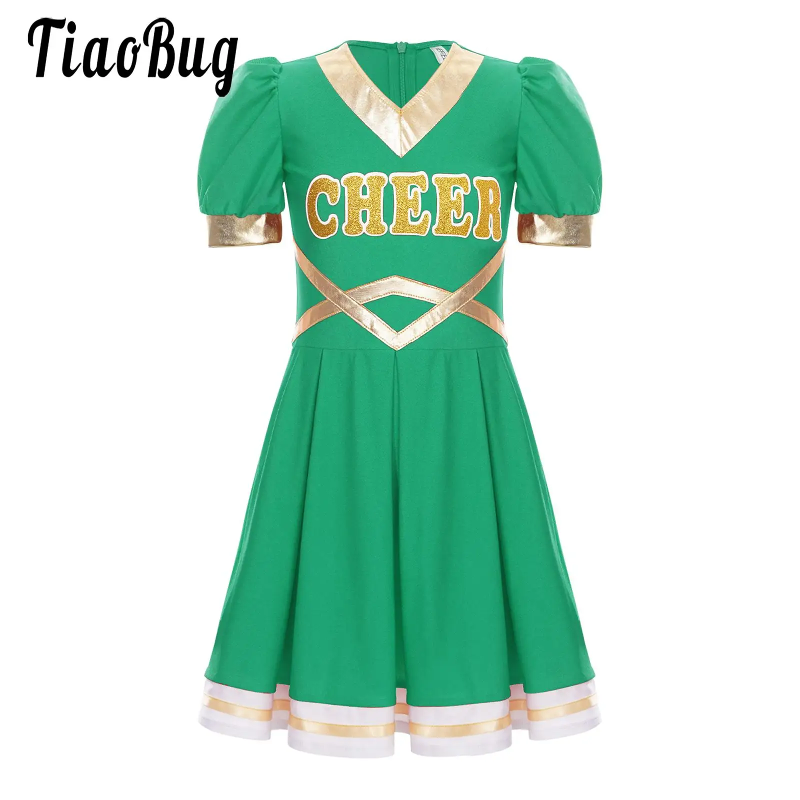 Kid Girls Cheerleader Costume Dress Cheer Dancing Outfit Color Block Schoolgirl Cheer Stage Performance Uniforme Da Cheerleader