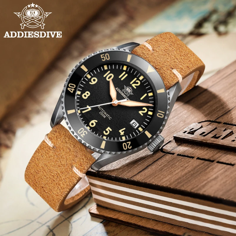 Addiesdive Dive Watch For Men Cinturino In Pelle Marrone Vintage Nh35 Orologio Automatico Luminoso 200M Orologio Impermeabile Cristallo Zaffiro
