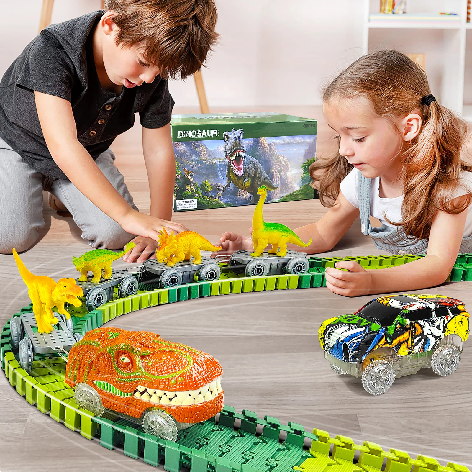 Dinosaur Toys-195 Pcs Magical Train Track Racing Toy Set Bend Flessibile Race Track Flash Light Car Giocattoli Educativi Per Regalo Per Bambini