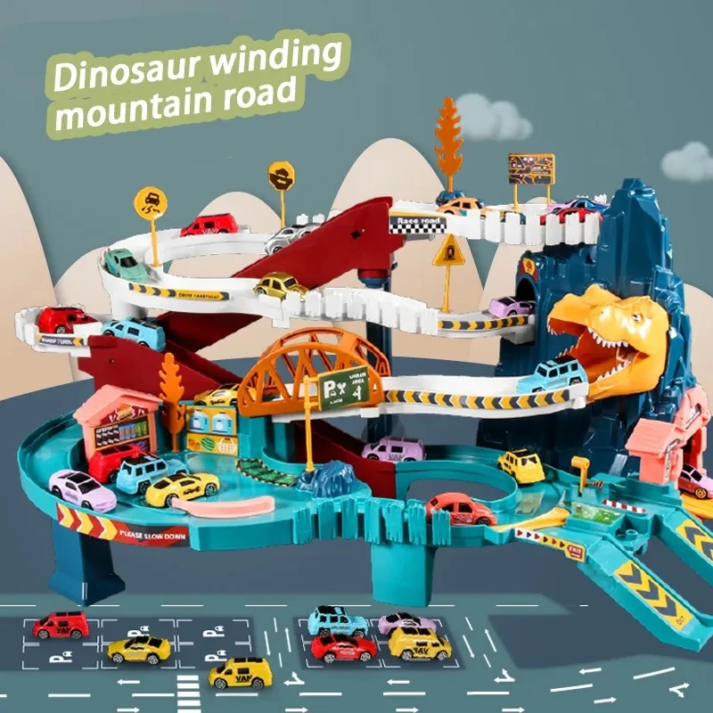 Dinosaur Mountain Track Car Racing Rail Car Toys Bambini Track Adventure Game Treno Interattivo Giocattoli Educativi Per Bambini