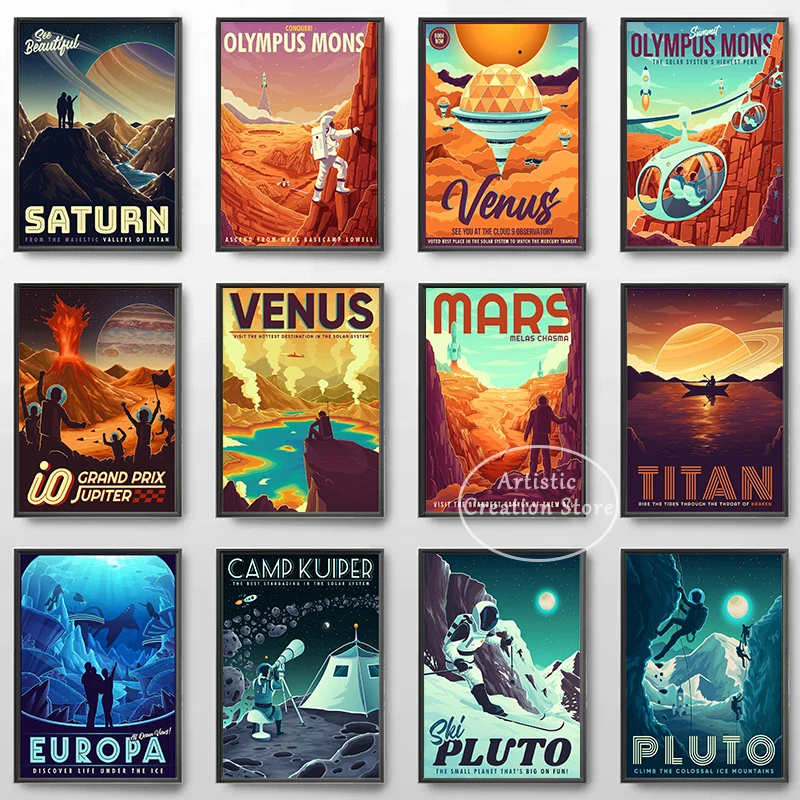 Space Tourism Poster Europa Sci Climb Olympus Mons Interstellare Fantasy Pictures Stampe Canvas Wall Art Living Room Decor