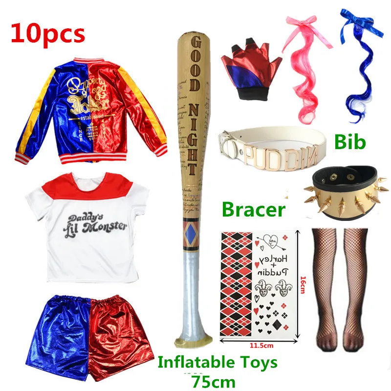 Carnival Kids Girls Suicide Harley Costumi Cosplay Squad Quinn Monster Joker Jacket Suit Tattoo Stickers