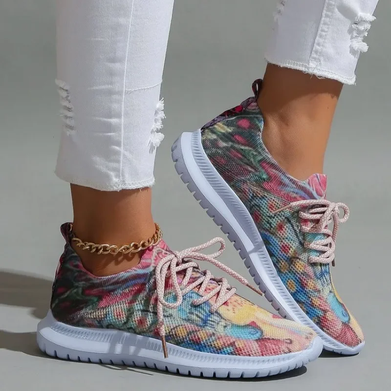 2023 New Amazon Large Size Fashion Casual Fabric Sports Single Shoes Flat Tie Round Head Painted Cross-Border Shoes