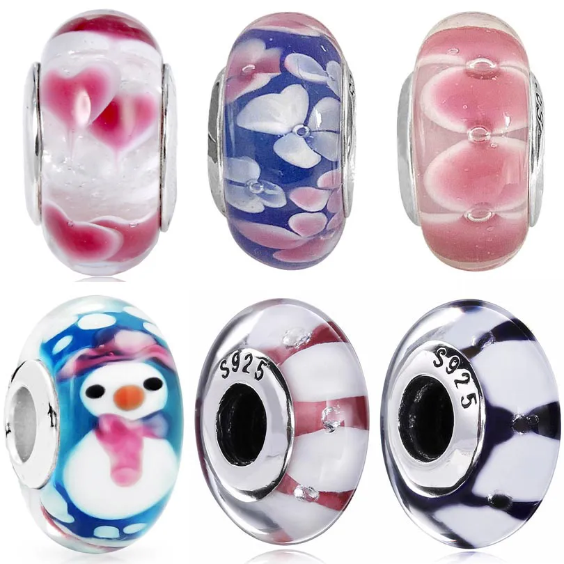 Original Violet Wild Hearts White Stripe Flower Garden Murano Glass Beads Jewelry Fit Bracciale Con Ciondoli In Argento Sterling 925