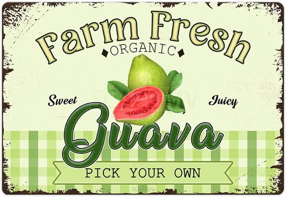 Farm Fresh Sweet Juicy Guava Vintage Metal Tin Sign, Retro Fruit Poster Decorativo Wall Art Signage, Fattoria Country