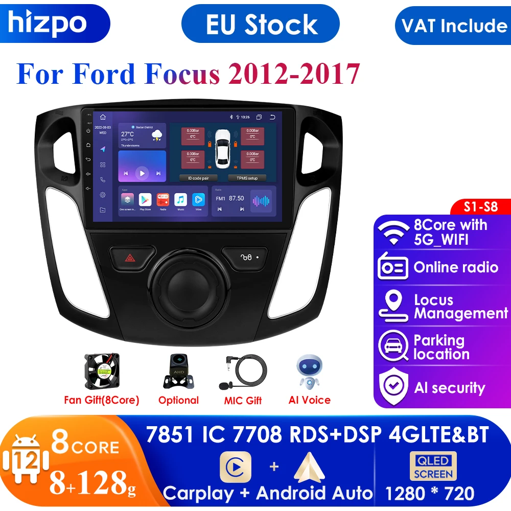 8G Ram 128G Rom Ai Voice 2 Din Android Auto Radio Per Ford Focus 3 2012-2017 Mk3 Carplay Car Multimedia Gps Navi 2Din Autoradio