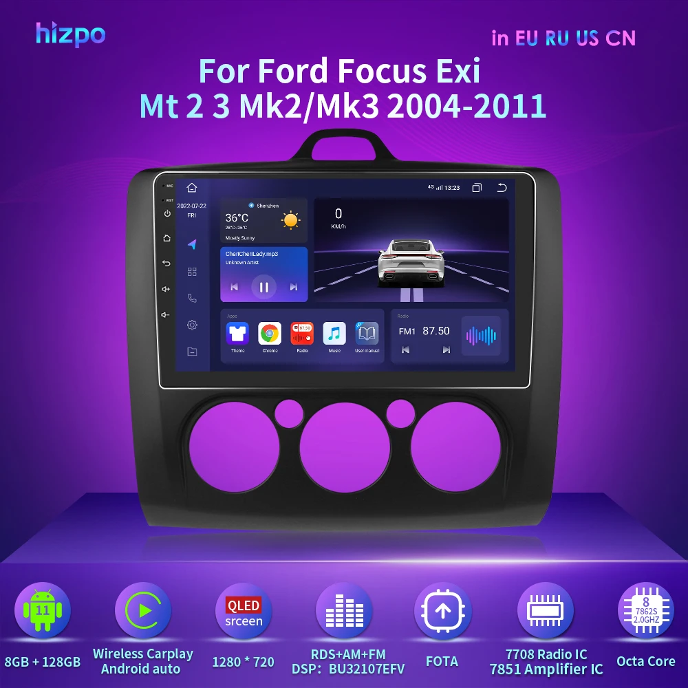Hizpo Carpro Android Display 2Din Car Multimedia Player Per Ford Focus Exi Mt 2 3 Mk2 Mk3 2004-2011 Gps Stereo Carplay Autoradio