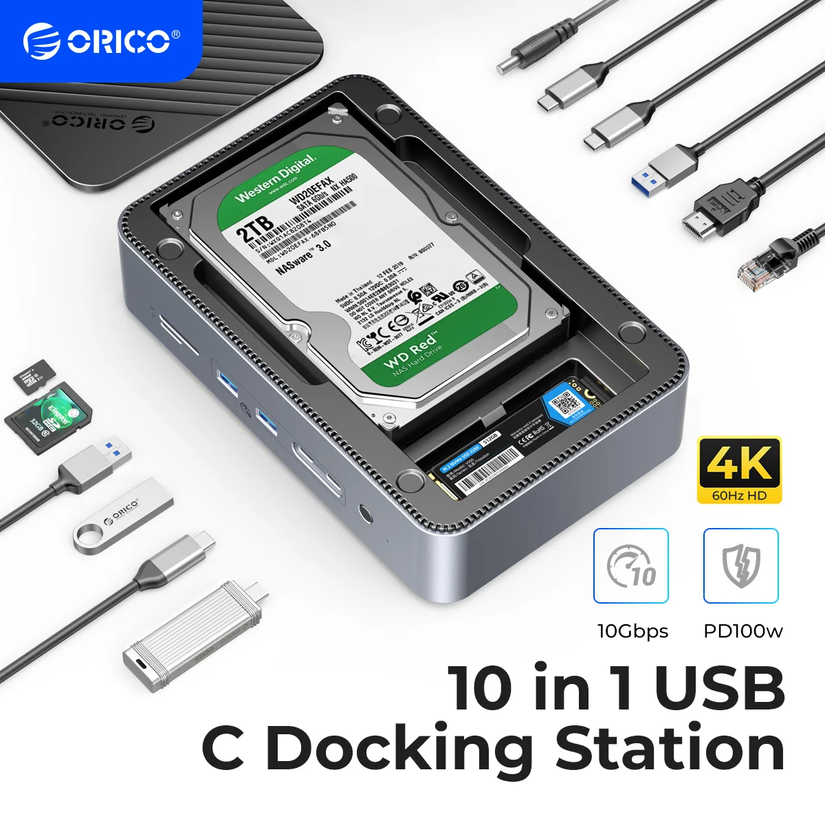 Docking Station Rico Deck Con Dual M.2 Nvme Ssd Case 3.5 Hard Drive Enclosure Steam Dock 10 In 1 Hdmi 4 K60Hz Pd100W Ethernet