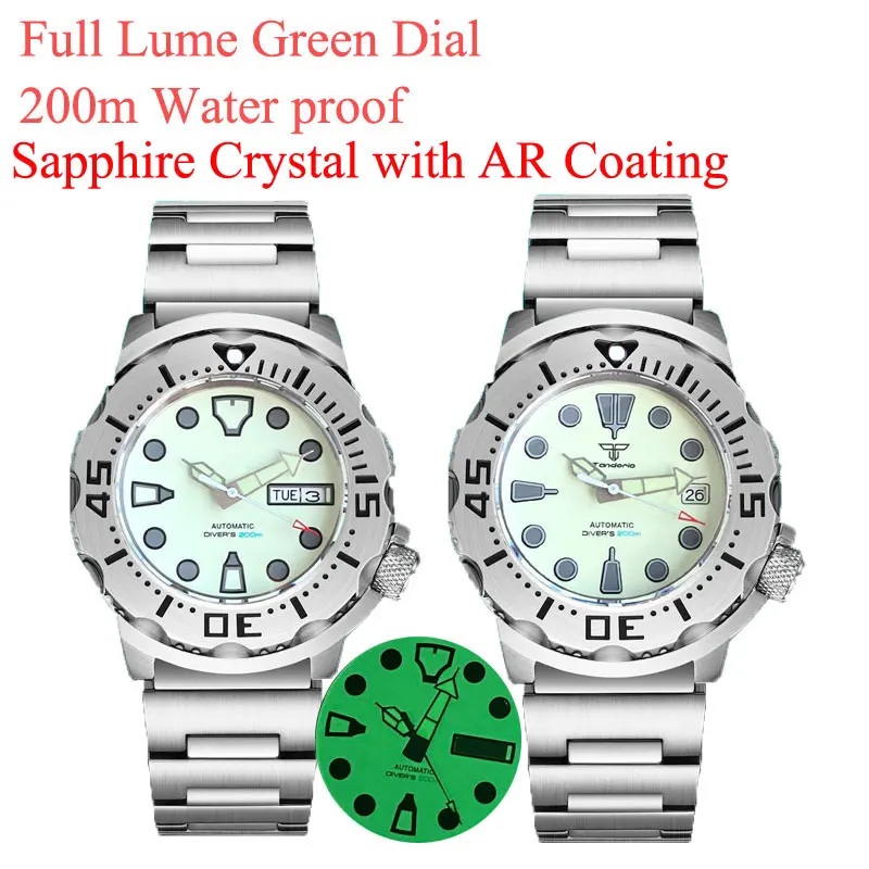 Diving 20Bar Waterproof Monster Watch Men Tandorio 42Mm Full Lume Beige White Dial Auto Muslimah Watch Vetro Zaffiro Ar Coat