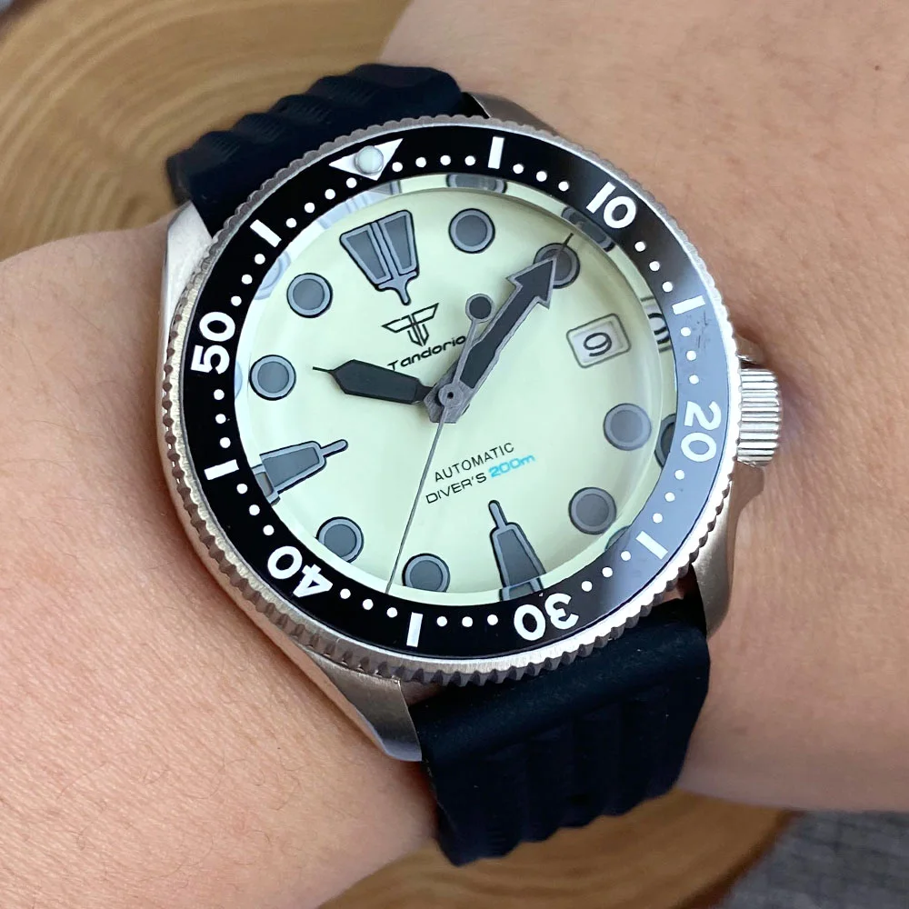 37Mm Tandorio 200M Diver Japan Nh35A Vetro Zaffiro Auto Men Watch Date Waffle Strap 3.8 Crown 120 Click Bezel Full Green Lume