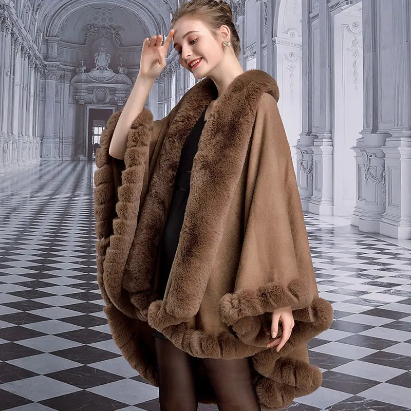 Luxury Haining Rex Mantella In Pelliccia Di Coniglio Per Donna Cappotto Poncho In Lana Con Colletto In Cashmere Giacca A Scialle Lavorata A Maglia Cap