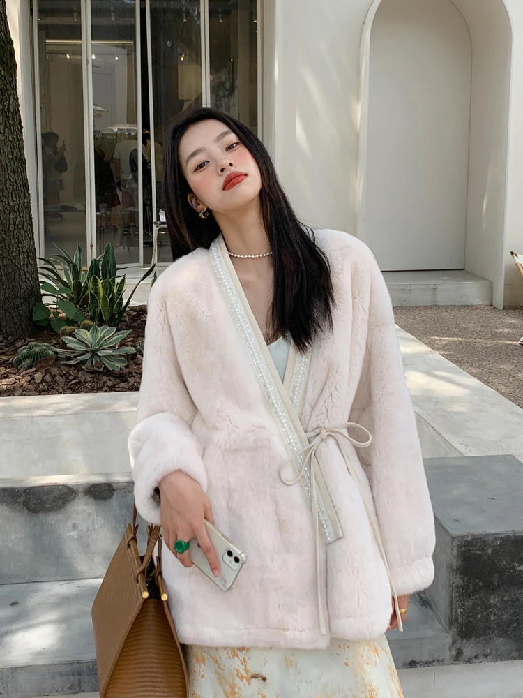 Autumn And Winter Rex Fur V-Neck Slimming Real Fur Coat Female Temperament Young Style