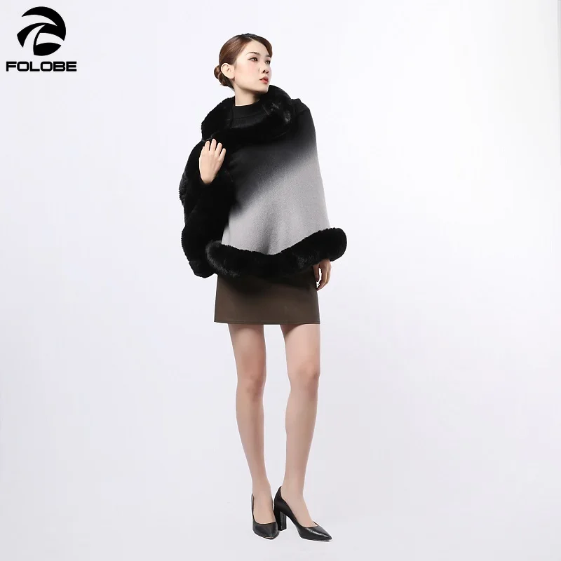 Folobe New Rex Rabbit Fur Collar Fashion Gradient Scialle Cape Large Size Giacca Cardigan In Maglia Da Donna Mantello In Pile Da Donna
