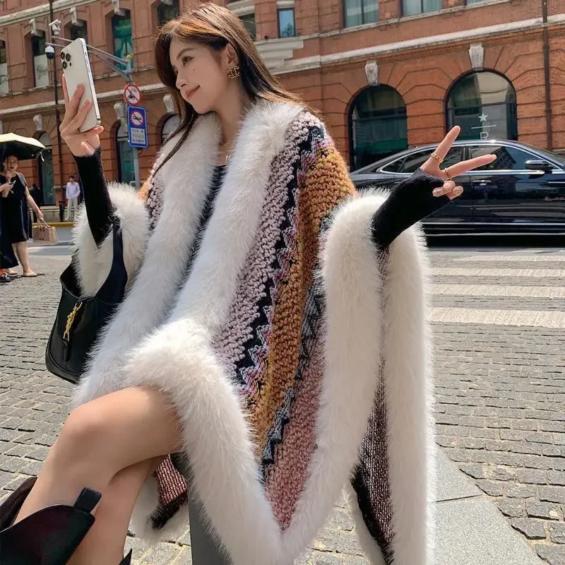 Vintage Fashion Warm Faux Rex Rabbit Fur Cape Scialle Long Knit Poncho Coat Wraps Fur Pashmina Mantello Donna Inverno Nuovi Mantelli Q403