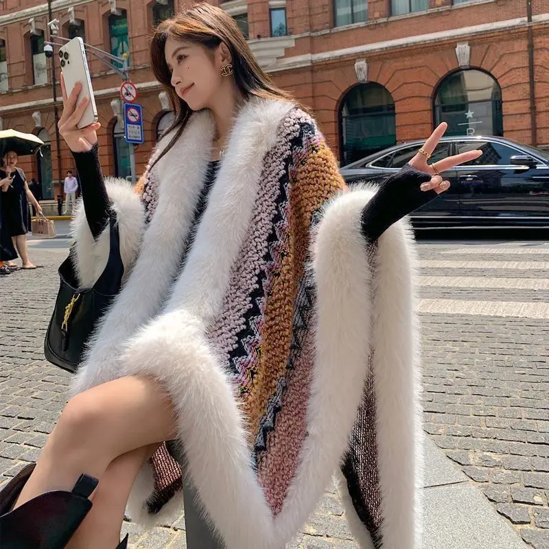 Vintage Fashion Warm Faux Rex Rabbit Fur Cape Scialle Long Knit Poncho Coat Wraps Fur Pashmina Mantello Donna Inverno Nuovi Mantelli Q403