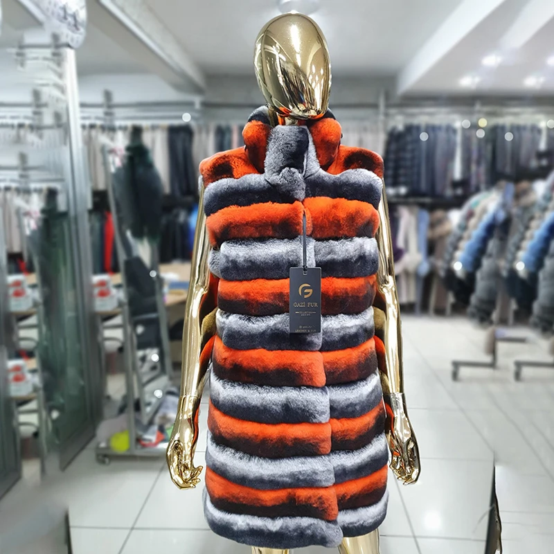 Stand-Up Collat Senza Maniche Rex Rabbit Vest Jacket Donna Luxury Genuine Fur Tops 2022 New Contrast Color Stripe Fur Coat Female