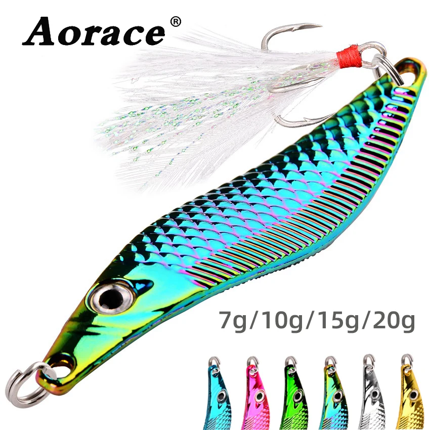 Aorace Metal Vib Leech Spinners Spoon Lures 7G-20G Esca Artificiale Con Gancio Di Piume Attrezzatura Da Pesca Notturna Per Bass Pike Perch