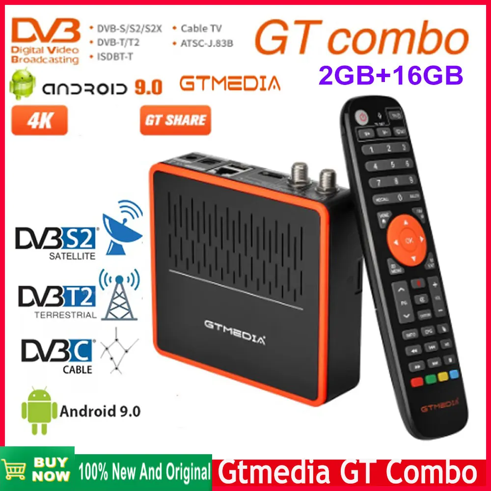 [Originale] Gtmedia Gt Combo 4K 8K Android 9.0 Smart Tv Box Dvb-S2 Dvb- T2 Cavo Combo 2G + 16G Ricevitore Satellitare Integrato Wifi