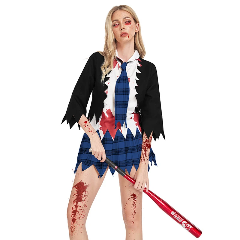 Lady Zombie Schoolgirl Costume Horror Bloody Student Uniform Cosplay Carnival Halloween Party Fancy Dress