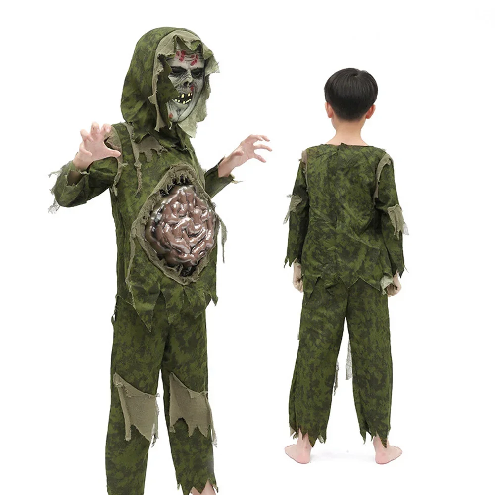 Bambini Carnival Creepy Intestino Zombie Skull Costumi Cosplay Gross Mask Scheletro Camouflage Abbigliamento Swamp Monster Party Puntelli