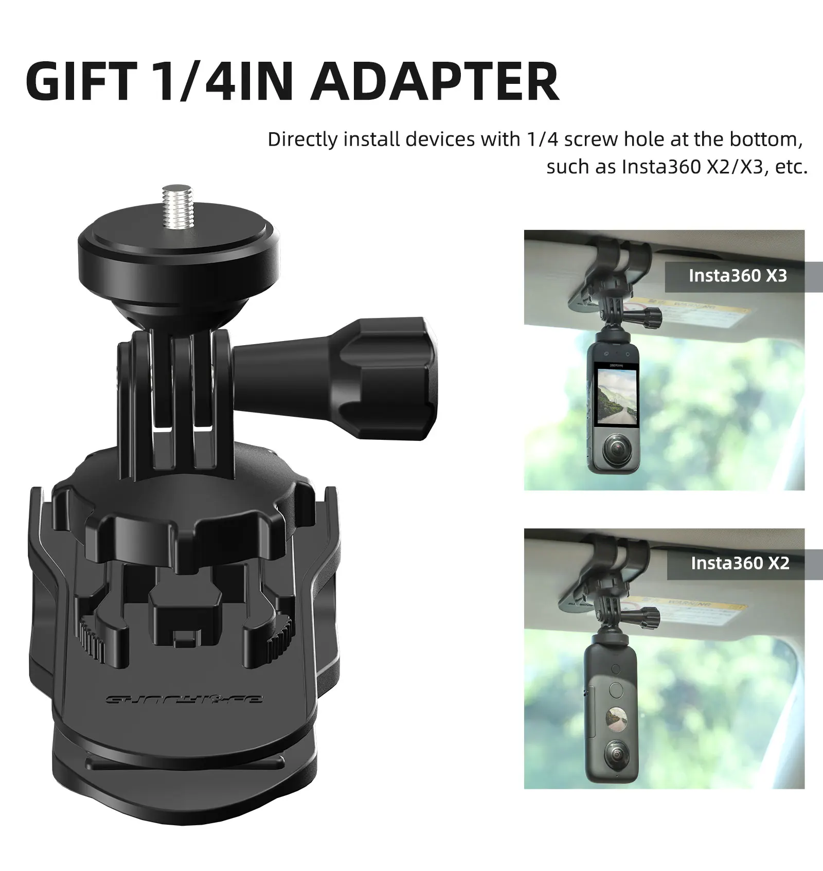Sunnylife New Action Camera Car Sun Visor Clip Mount Rotazione A 360 ° Con Adattatore Da 1/4 Pollici Per Insta360/Gopro/Dji Osmo Action