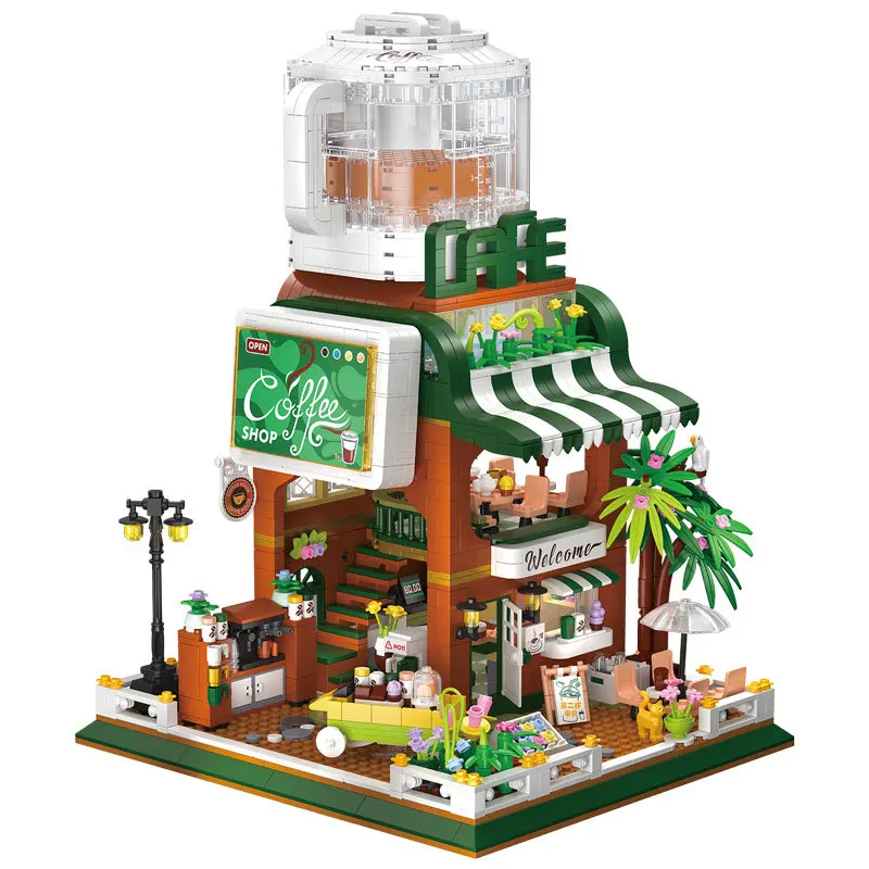 City Street View Architecture Mini Block Self-Service Coffee Shop Streetscape Cafe House Model Building Brick Bear Figures Toy