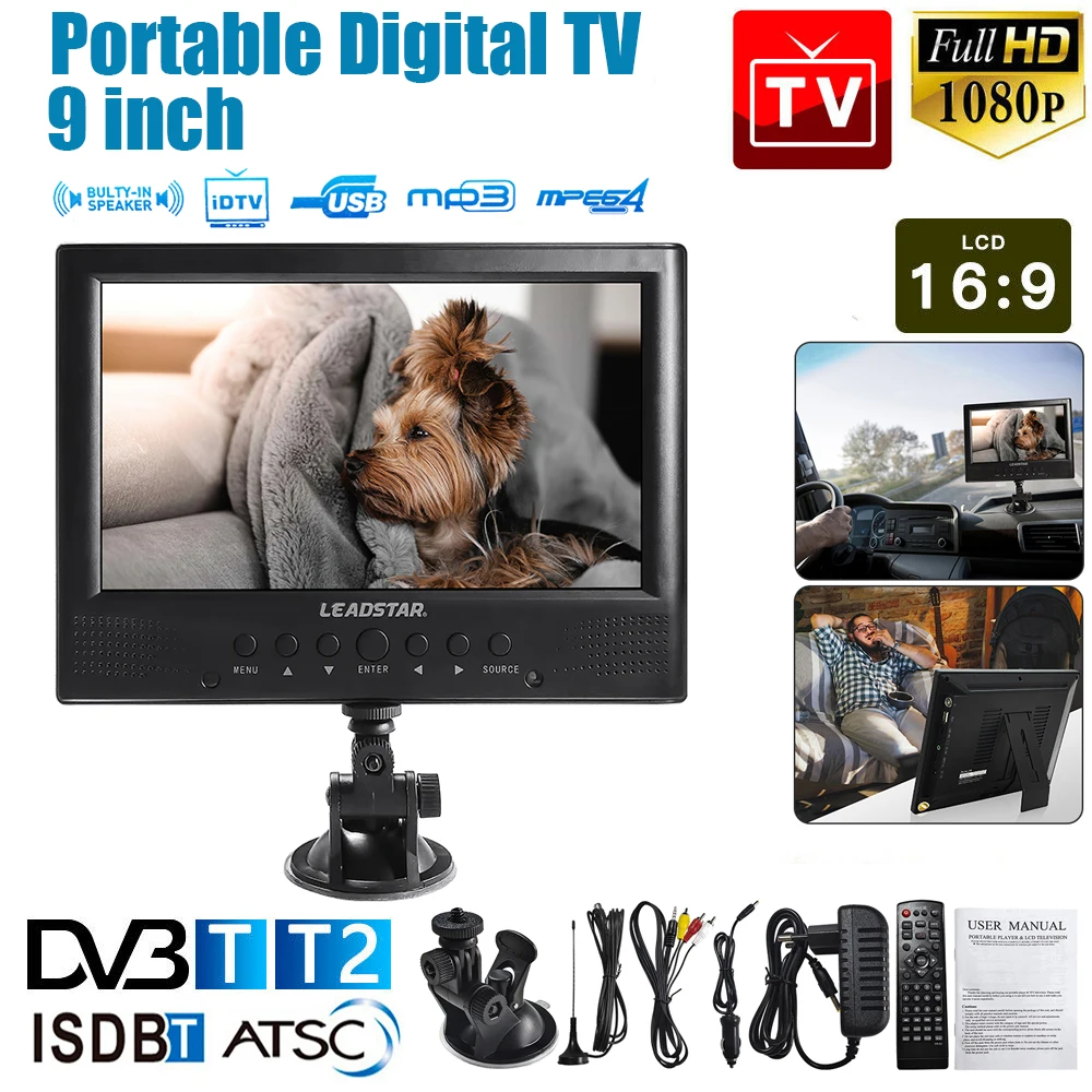 Lettore Tv Portatile Per Auto Da 9 Pollici Mini Televisore Digitale Hd Dvb-T/T2 Isdb-T Atsc Tv Digitale Analogico Per Auto Supporta Tf Card Usb