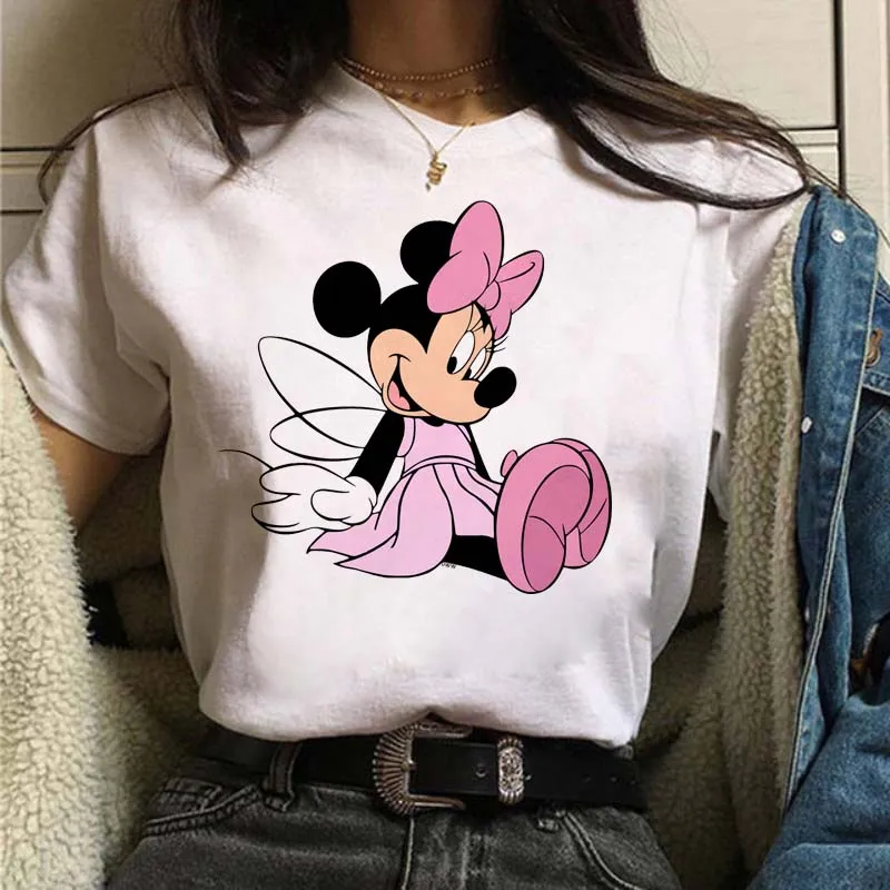 Cute Minnie With Pink Bow Women Tshirt Cartoon Graphic Printed Ladies T Shirt Disney Women T-Shirt Streetwear Abbigliamento Femminile