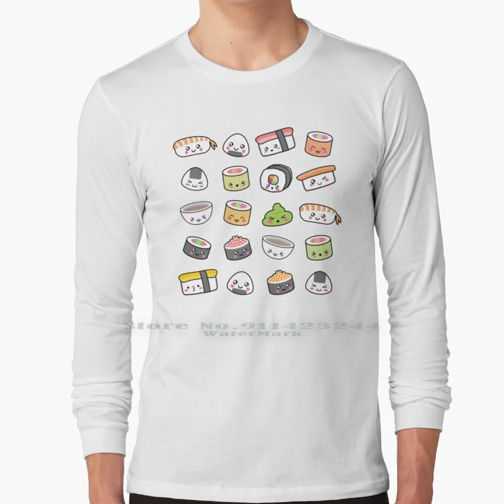 Happy Kawaii Sushi Pattern Maglietta A Maniche Lunghe Tee Kawaii Sushi Miso Soup Wasabi Japanese Cute Smile Nerd West East Children