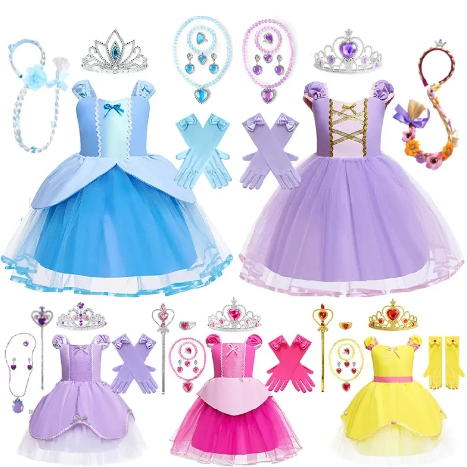 1-8Years Kids Princess Dress Baby Girl Cenerentola Sofia Belle Aurora Rapunzel Tutu Princess Dress Toddler Birthday Party Costume