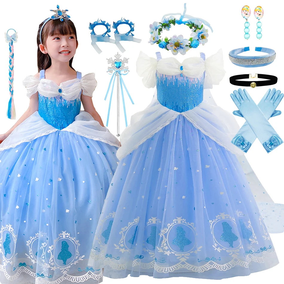 Princess Cenerentola Dress Up For Girl Manica Corta Fancy Halloween Party Costume Kids Carnival Outfit Clothes Girl Elegant Frock