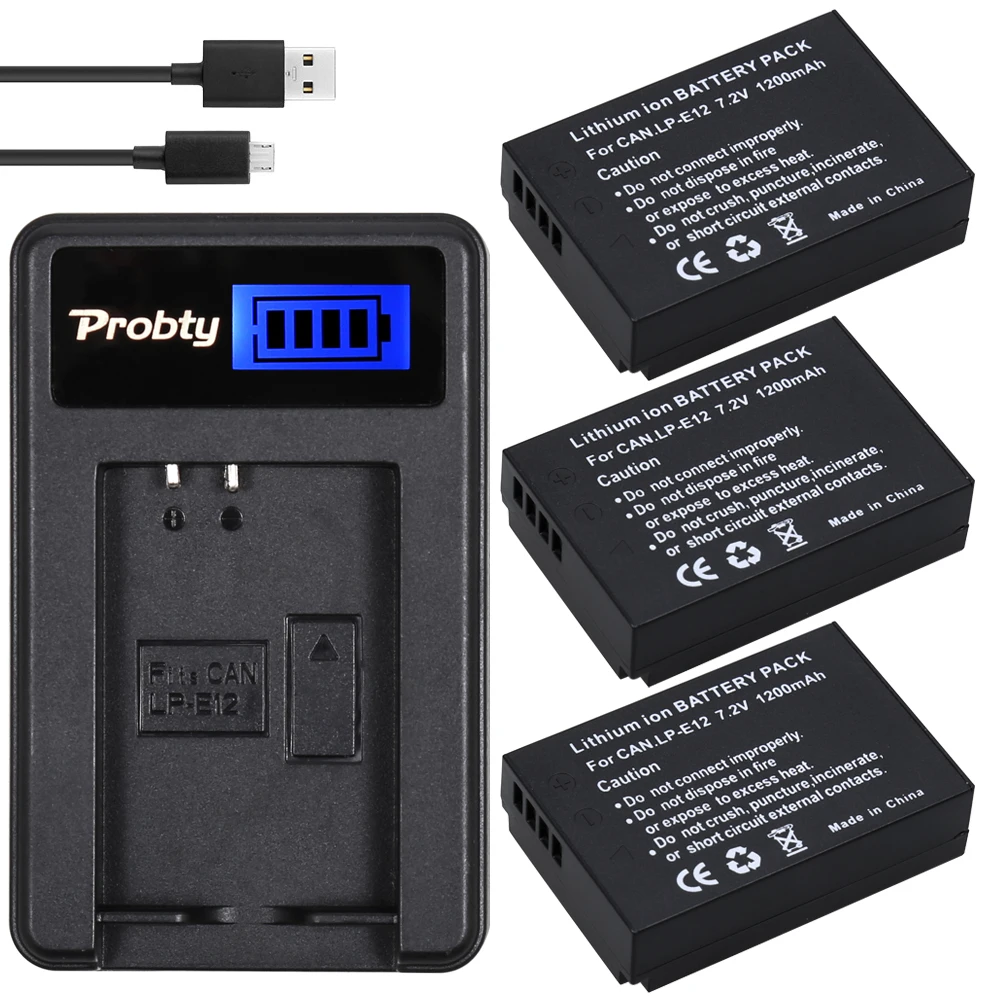 3 Pz Probty Lp-E12 Lp E12 Lpe12 Batteria + Caricatore Usb Lcd Per Canon Eos M M2 100D Kiss X7 Rebel Sl1 Eos M Eos M2 Eos 100D Dslr