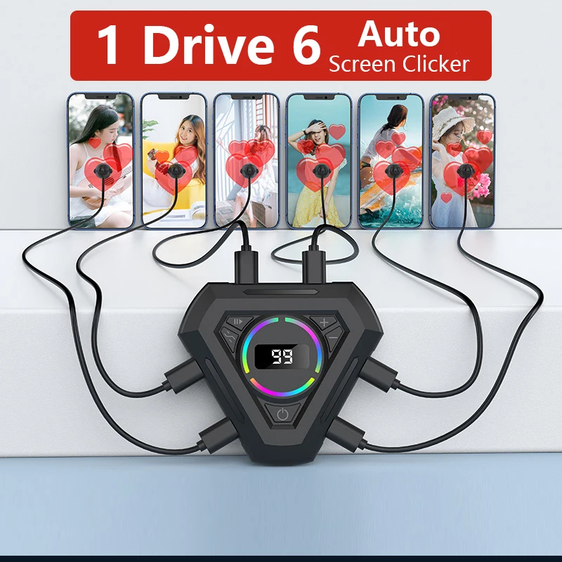 199 Gears Speed Smart Screen Clicker Auto Tiktok Live Like Tap 6 Heads Gaming Click Per Smart Phone Pad Tablet