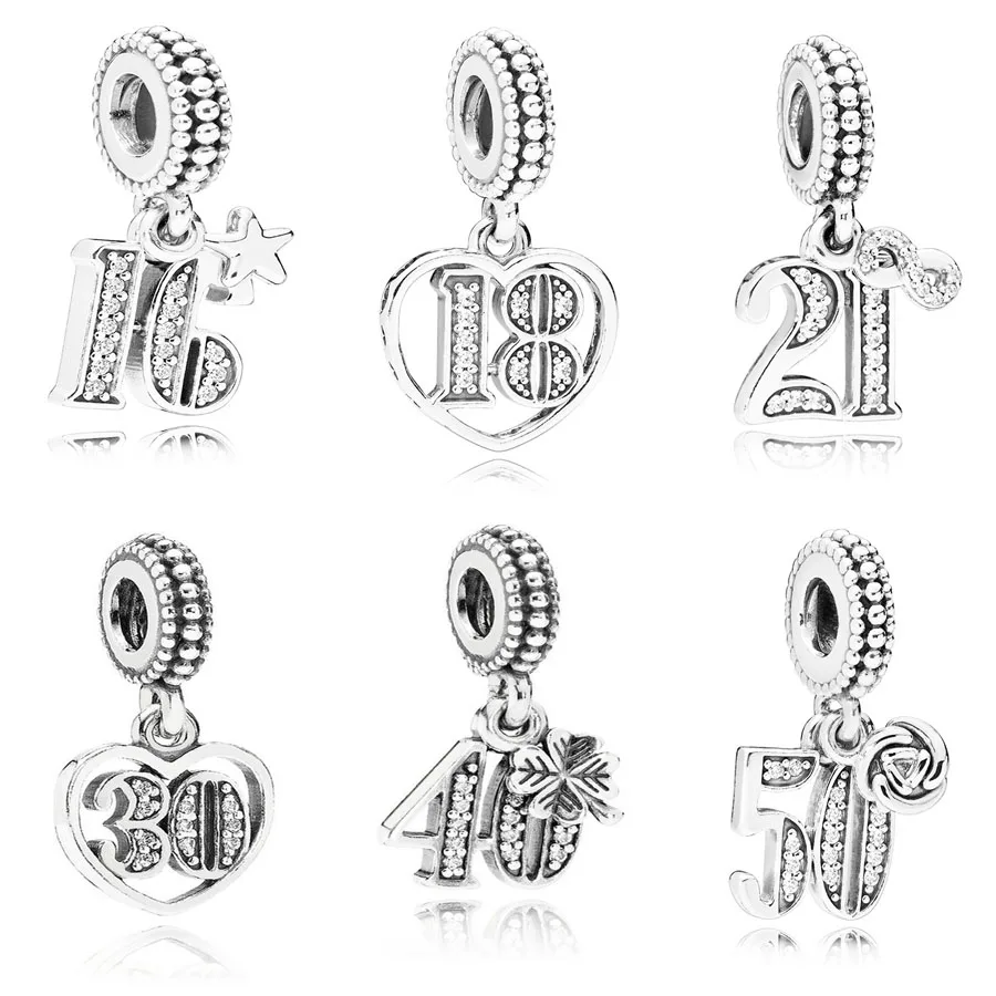 Nuovo 925 Sterling Silver 16 18 21 30 40 50 Ciondolo Digitale Cuore Charm Bead Fit Originale Pandora Bracciale Ciondolo Gioielli Fai Da Te