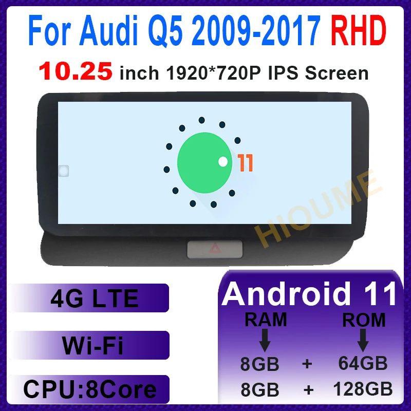 10.25 "8 Core 8 + 128G Android 11 Lettore Multimediale Navigazione Gps Per Audi Q5 009-2017 Rhd Cars Radio Stereo Head Unit 4G Wifi