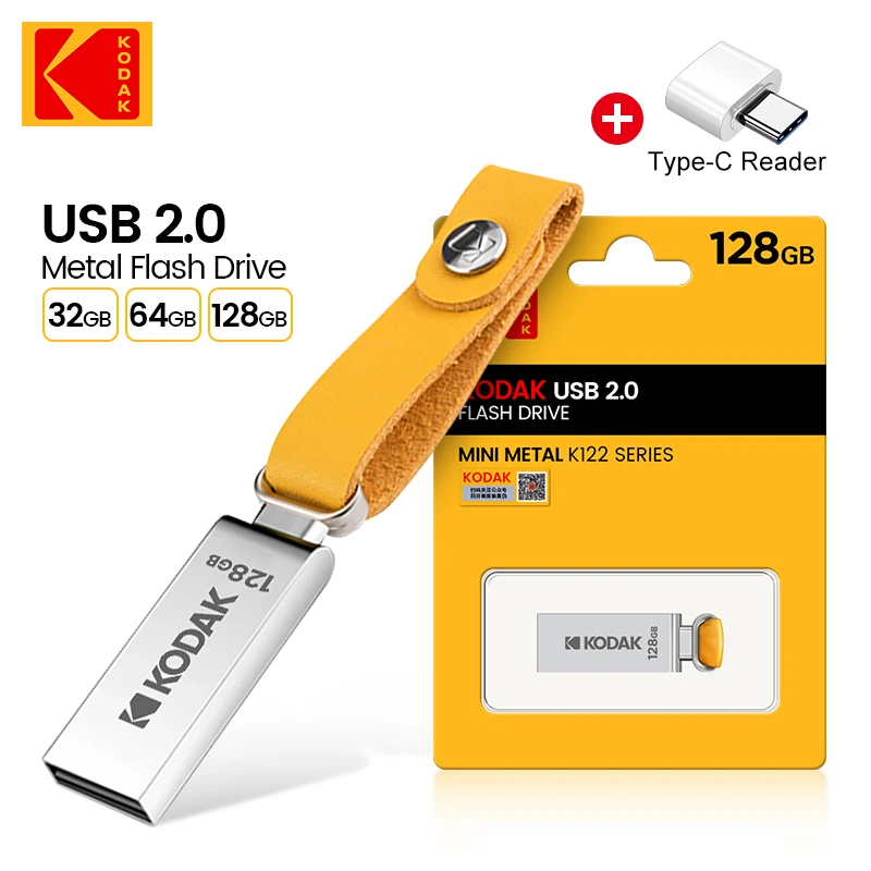 Chiavette Usb Kodak Mini Pen Drive 128Gb 64Gb 32Gb Pendrive Memory Stick Usb Impermeabile Leather Landyard + Adattatore Di Tipo C